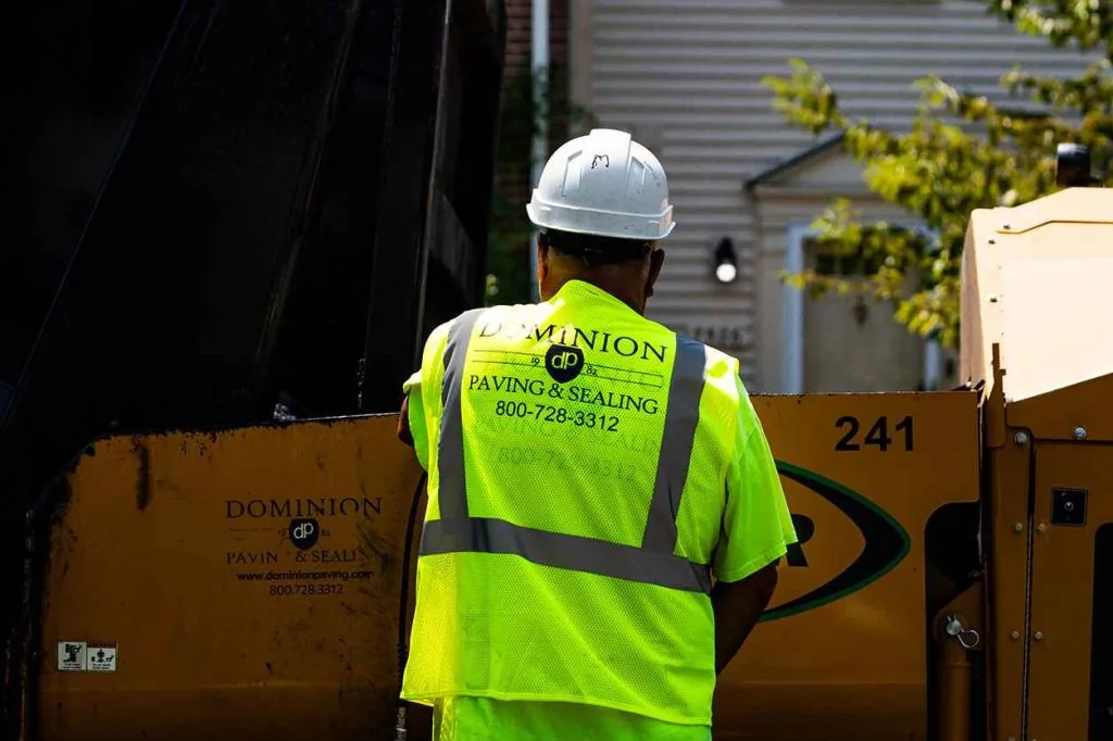 Close-Up Shot of Dominion Paving Contractor's Work Vest