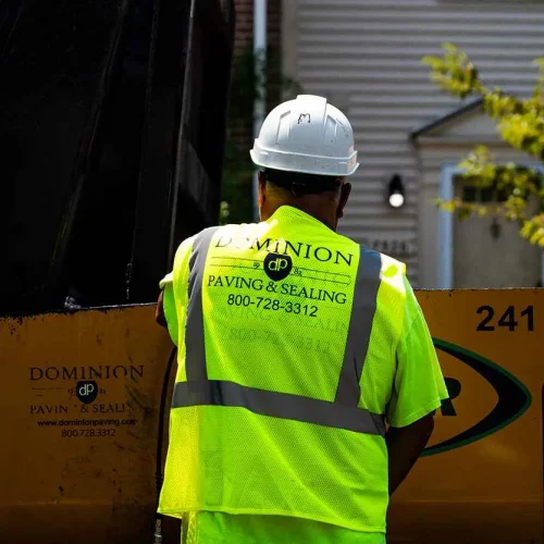 Close-Up Shot of Dominion Paving Contractor's Work Vest